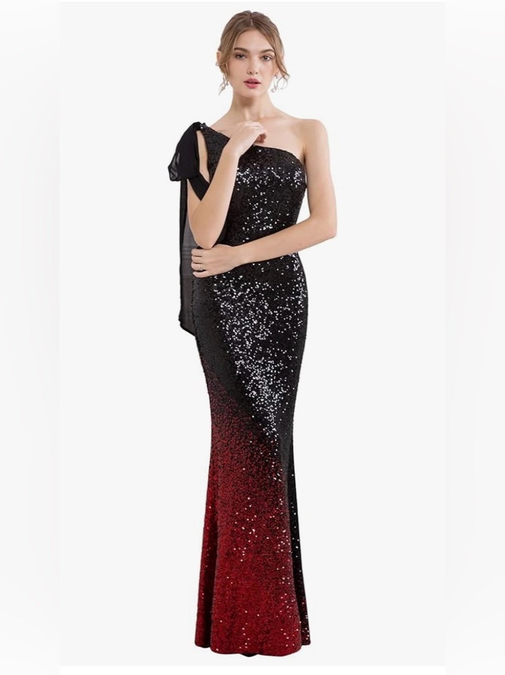 Asymmetric One-Shoulder Black to Red Sequin Evening Gown
